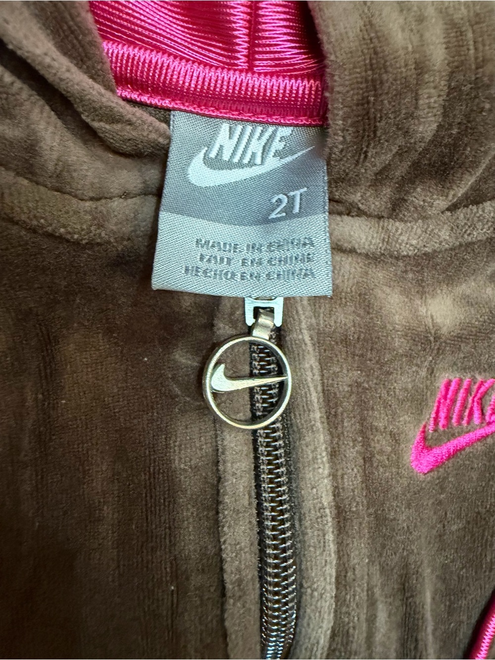 Nike 2T Brown Pink Velour Zip Hoodie Jacket Toddler Girls Hooded Sweatshirt - Picture 2 of 7